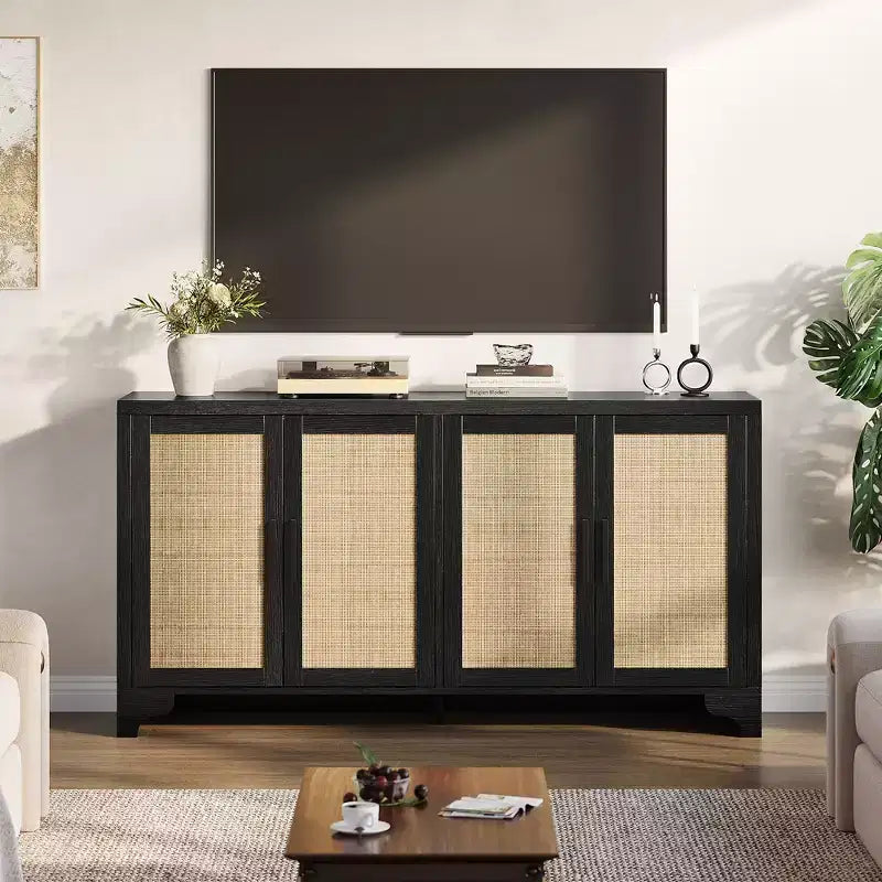 Mobile credenza buffet a 4 ante, mobile contenitore in rattan naturale, credenza boho per ingresso, stazione caffè per sala da pranzo
