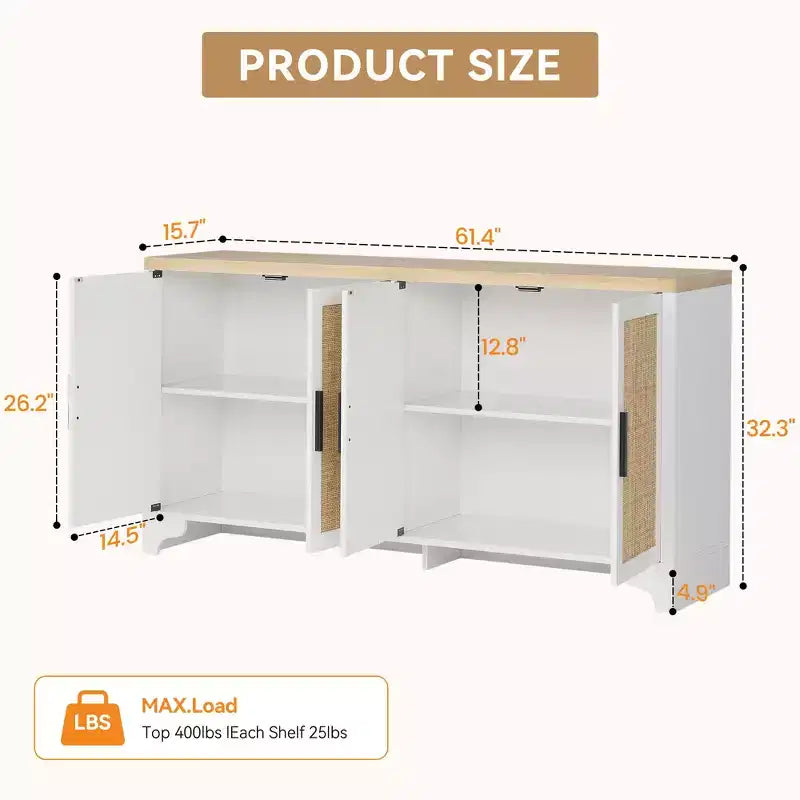 Mobile credenza buffet a 4 ante, mobile contenitore in rattan naturale, credenza boho per ingresso, stazione caffè per sala da pranzo