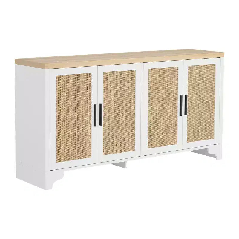 Mobile credenza buffet a 4 ante, mobile contenitore in rattan naturale, credenza boho per ingresso, stazione caffè per sala da pranzo