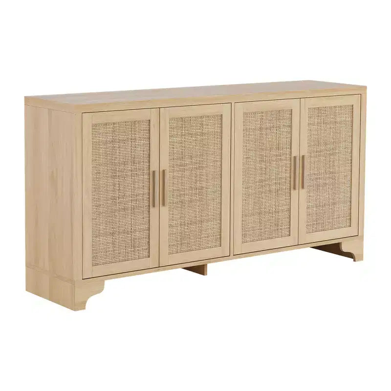 Mobile credenza buffet a 4 ante, mobile contenitore in rattan naturale, credenza boho per ingresso, stazione caffè per sala da pranzo