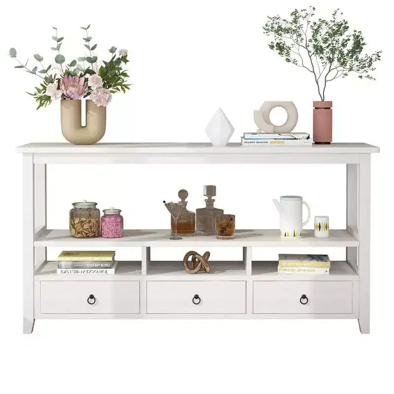 Tavolo da ingresso bianco a 4 strati, 3 cassetti e 3 scomparti in truciolare, 146,8 x 35,6 x 76,2 cm