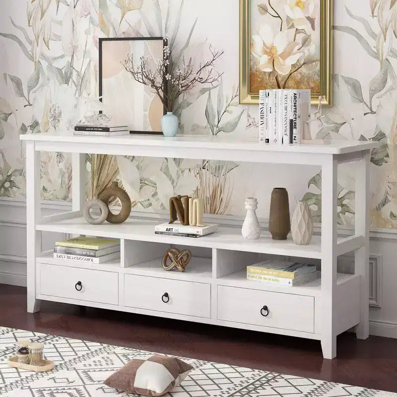 Tavolo da ingresso bianco a 4 strati, 3 cassetti e 3 scomparti in truciolare, 146,8 x 35,6 x 76,2 cm