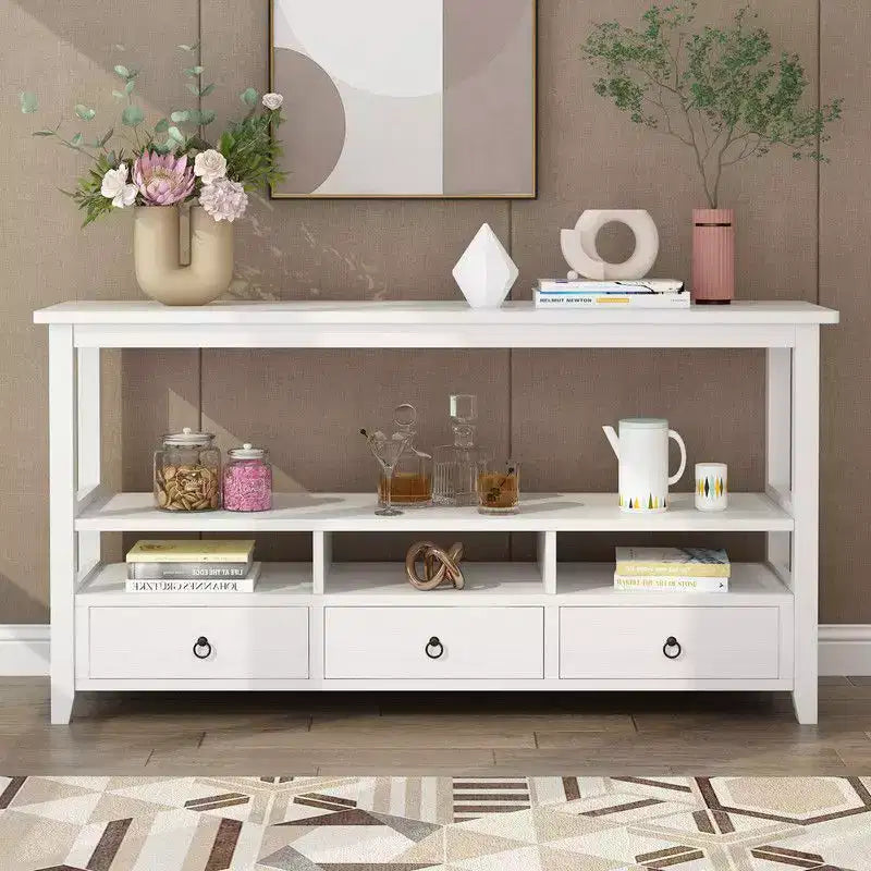 Tavolo da ingresso bianco a 4 strati, 3 cassetti e 3 scomparti in truciolare, 146,8 x 35,6 x 76,2 cm