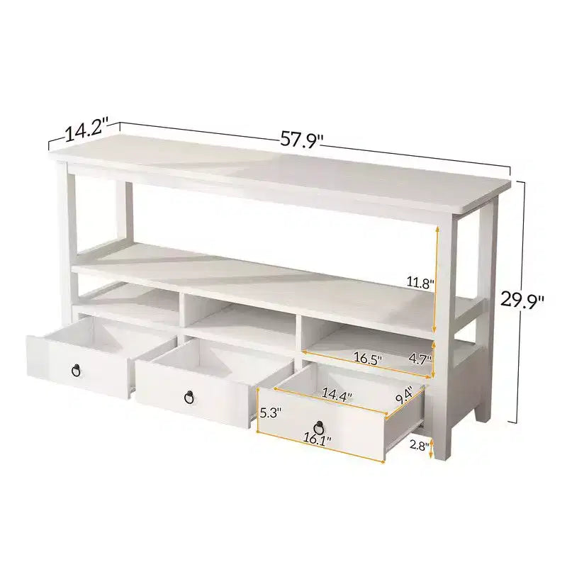 Tavolo da ingresso bianco a 4 strati, 3 cassetti e 3 scomparti in truciolare, 146,8 x 35,6 x 76,2 cm