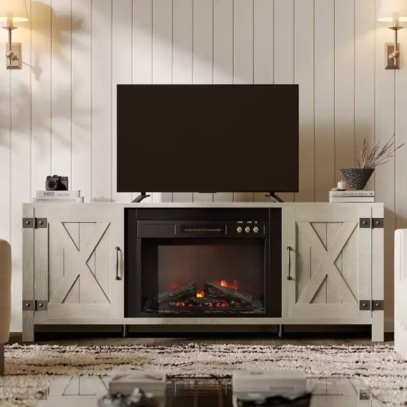 Mobile TV Bestier da 63" con caminetto per TV fino a 70", mobile da soggiorno con caminetto da 23" e ante a cascina in stile rustico