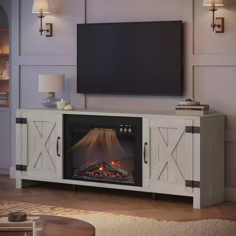 Mobile TV Bestier da 63" con caminetto per TV fino a 70", mobile da soggiorno con caminetto da 23" e ante a cascina in stile rustico