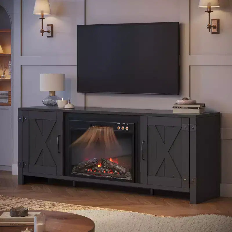 Mobile TV Bestier da 63" con caminetto per TV fino a 70", mobile da soggiorno con caminetto da 23" e ante a cascina in stile rustico