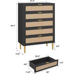 44 Comò in Rattan a 5 Cassetti - Cassettiera Boho Moderna con Dettagli Dorati per Camera da Letto e Soggiorno