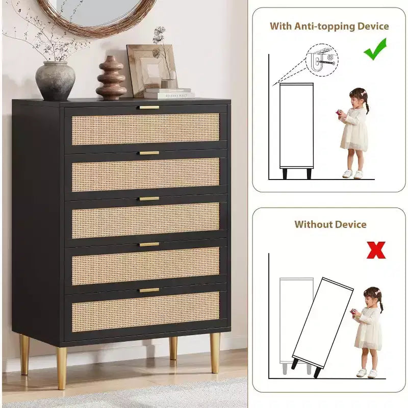44 Comò in Rattan a 5 Cassetti - Cassettiera Boho Moderna con Dettagli Dorati per Camera da Letto e Soggiorno