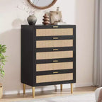 44 Comò in Rattan a 5 Cassetti - Cassettiera Boho Moderna con Dettagli Dorati per Camera da Letto e Soggiorno