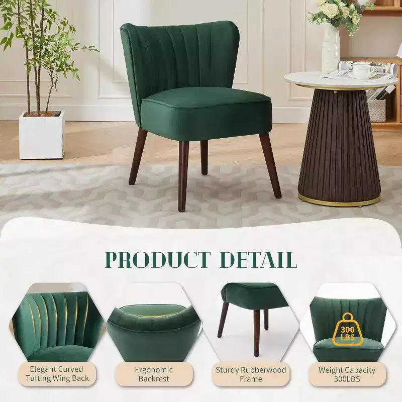 Poltrona Acekool Velvet Accent, moderna poltrona lounge con schienale alto e gambe in legno, trapuntatura verticale per soggiorno e camera da letto