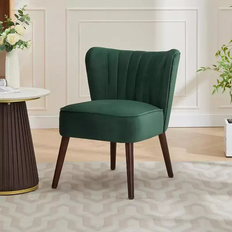 Poltrona Acekool Velvet Accent, moderna poltrona lounge con schienale alto e gambe in legno, trapuntatura verticale per soggiorno e camera da letto