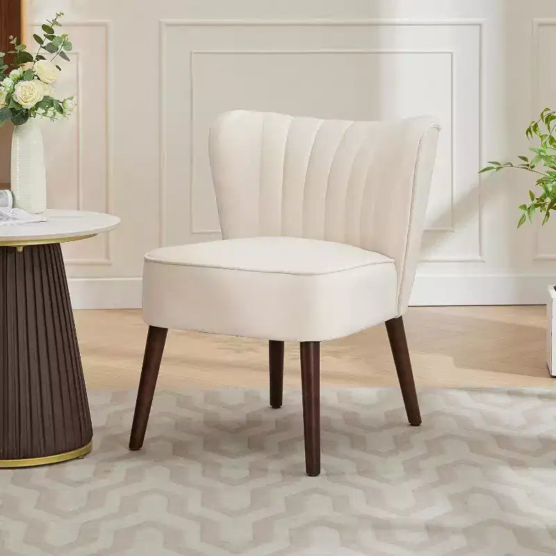 Poltrona Acekool Velvet Accent, moderna poltrona lounge con schienale alto e gambe in legno, trapuntatura verticale per soggiorno e camera da letto