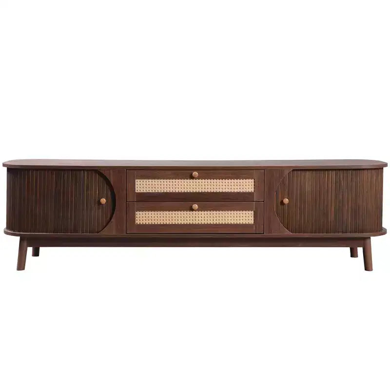 Mobile TV in rattan per TV da 75 pollici, mobile TV in legno con 2 cassetti e gambe in legno massello, legno naturale+marrone