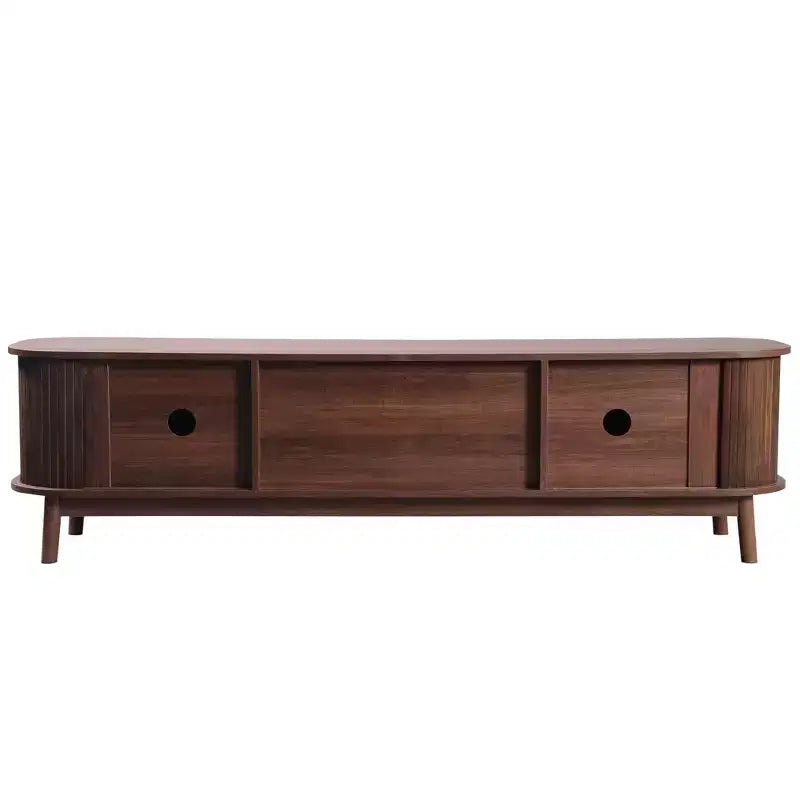 Mobile TV in rattan per TV da 75 pollici, mobile TV in legno con 2 cassetti e gambe in legno massello, legno naturale+marrone