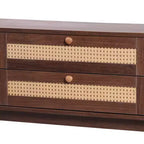 Mobile TV in rattan per TV da 75 pollici, mobile TV in legno con 2 cassetti e gambe in legno massello, legno naturale+marrone