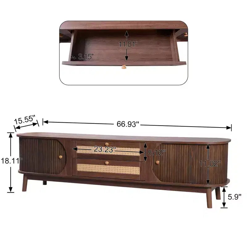 Mobile TV in rattan per TV da 75 pollici, mobile TV in legno con 2 cassetti e gambe in legno massello, legno naturale+marrone