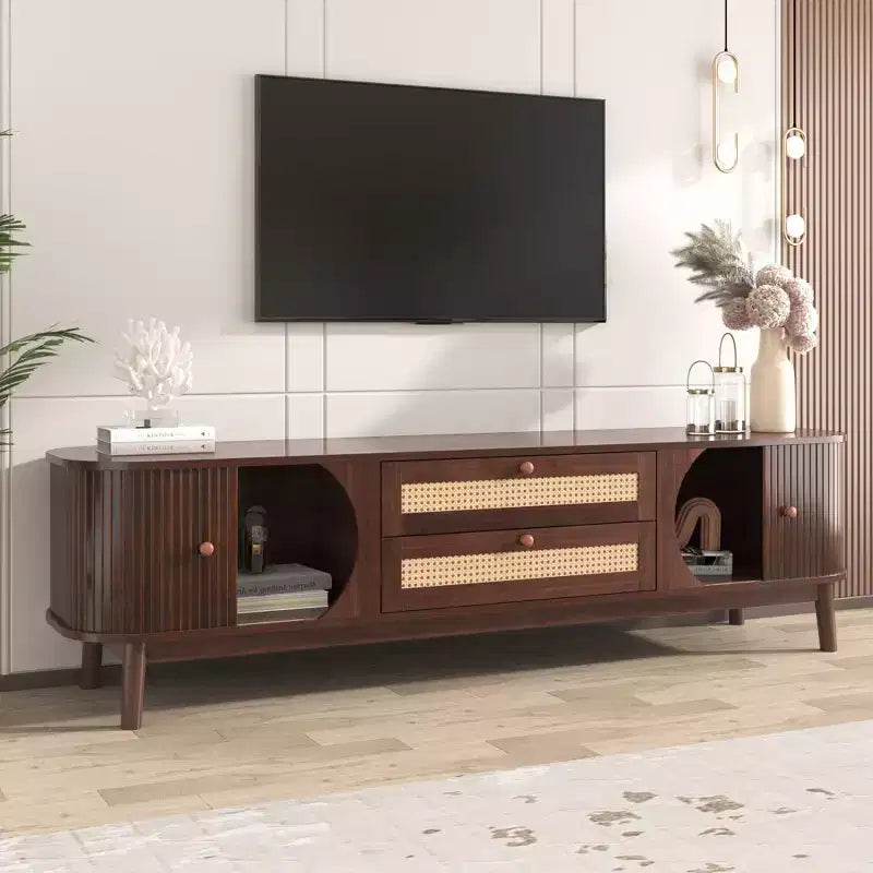 Mobile TV in rattan per TV da 75 pollici, mobile TV in legno con 2 cassetti e gambe in legno massello, legno naturale+marrone