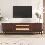 Mobile TV in rattan per TV da 75 pollici, mobile TV in legno con 2 cassetti e gambe in legno massello, legno naturale+marrone