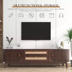 Mobile TV in rattan per TV da 75 pollici, mobile TV in legno con 2 cassetti e gambe in legno massello, legno naturale+marrone