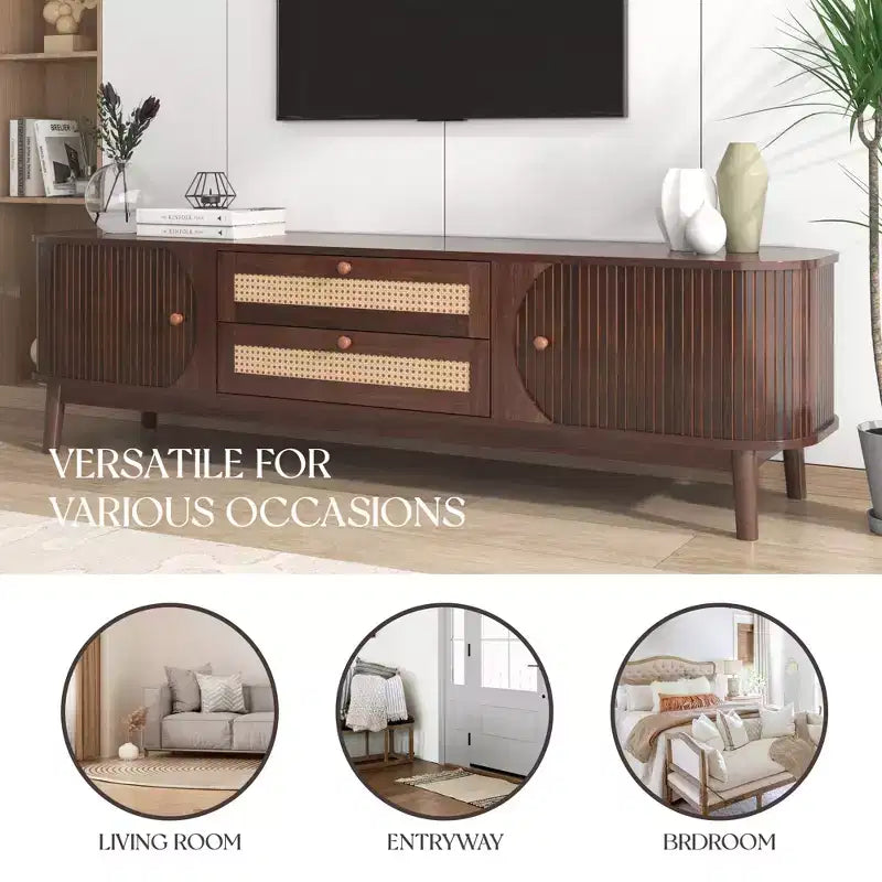 Mobile TV in rattan per TV da 75 pollici, mobile TV in legno con 2 cassetti e gambe in legno massello, legno naturale+marrone