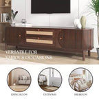 Mobile TV in rattan per TV da 75 pollici, mobile TV in legno con 2 cassetti e gambe in legno massello, legno naturale+marrone