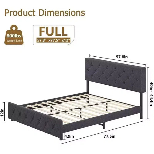 Struttura Letto Imbottita Full Size Acekool con Testiera di Ricarica USB e Type-C, Trapuntatura a Bottoni a Rombo, Senza Rumore, Grigia, Non Richiede Rete a Doghe