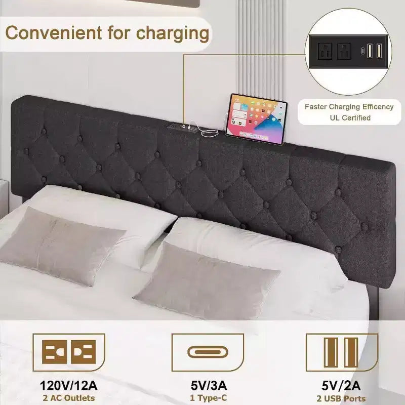 Struttura Letto Imbottita Full Size Acekool con Testiera di Ricarica USB e Type-C, Trapuntatura a Bottoni a Rombo, Senza Rumore, Grigia, Non Richiede Rete a Doghe