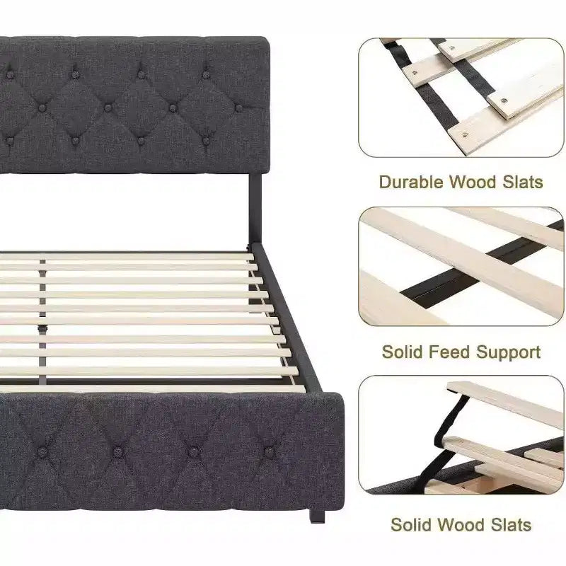 Struttura Letto Imbottita Full Size Acekool con Testiera di Ricarica USB e Type-C, Trapuntatura a Bottoni a Rombo, Senza Rumore, Grigia, Non Richiede Rete a Doghe