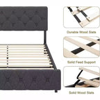 Struttura Letto Imbottita Full Size Acekool con Testiera di Ricarica USB e Type-C, Trapuntatura a Bottoni a Rombo, Senza Rumore, Grigia, Non Richiede Rete a Doghe