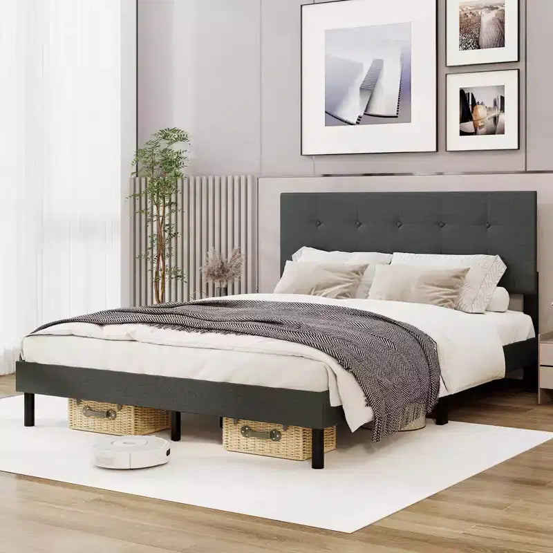 Costway - Struttura letto matrimoniale (Queen Size) in lino imbottita con testiera trapuntata