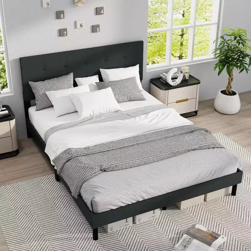 Costway - Struttura letto matrimoniale (Queen Size) in lino imbottita con testiera trapuntata