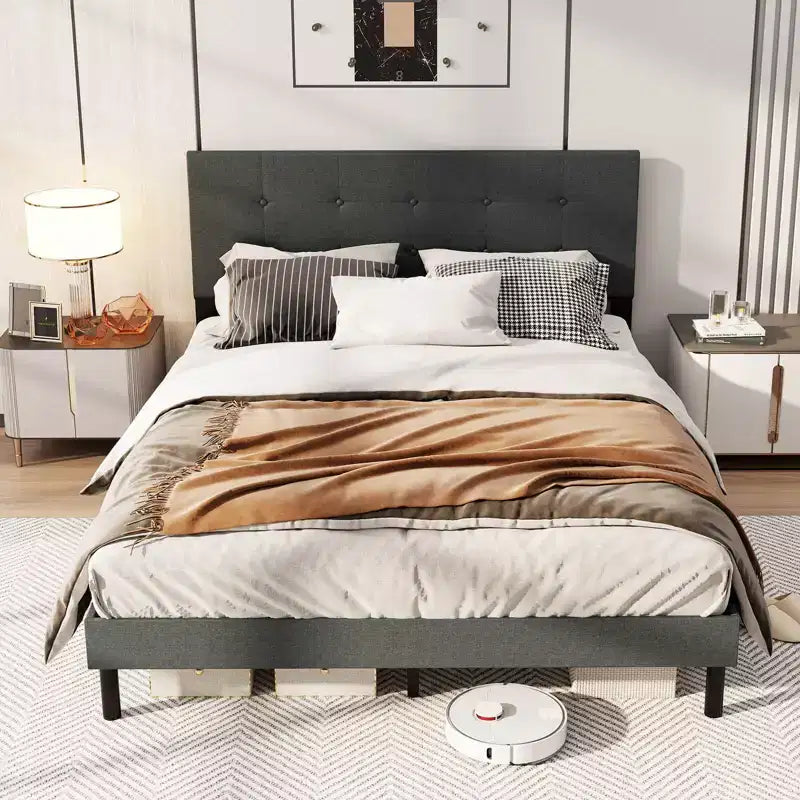 Costway - Struttura letto matrimoniale (Queen Size) in lino imbottita con testiera trapuntata