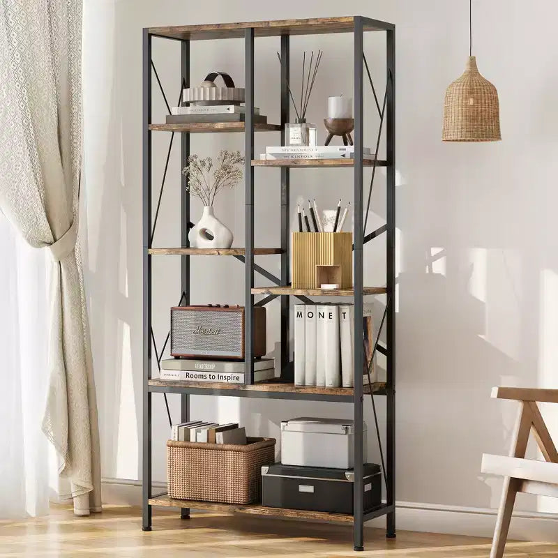 COZONY Scaffale a 5 ripiani, alto 175 cm, con struttura in metallo, portaoggetti rustico con ripiani aperti per camera da letto, soggiorno e ufficio, marrone