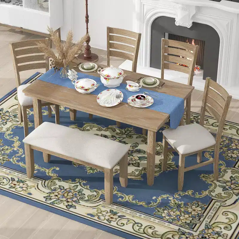 Set da Pranzo da Cucina in Stile Fattoria per 6 Persone, Tavolo Rettangolare in Legno e 4 Sedie Imbottite e Panca