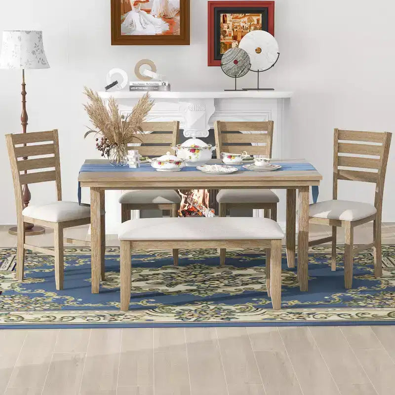 Set da Pranzo da Cucina in Stile Fattoria per 6 Persone, Tavolo Rettangolare in Legno e 4 Sedie Imbottite e Panca