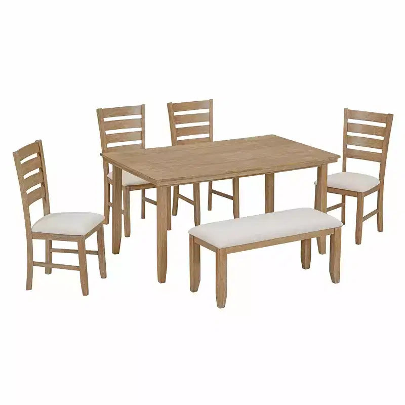 Set da Pranzo da Cucina in Stile Fattoria per 6 Persone, Tavolo Rettangolare in Legno e 4 Sedie Imbottite e Panca
