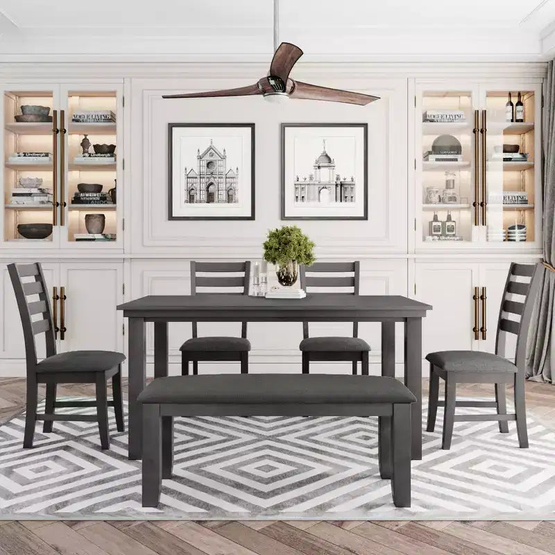 Set da Pranzo da Cucina in Stile Fattoria per 6 Persone, Tavolo Rettangolare in Legno e 4 Sedie Imbottite e Panca