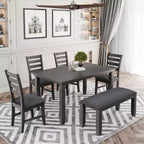 Farmhouse Kitchen Dining Table Set for 6, Wood Rectangle Table and 4 Upholstered Chairs & Bench