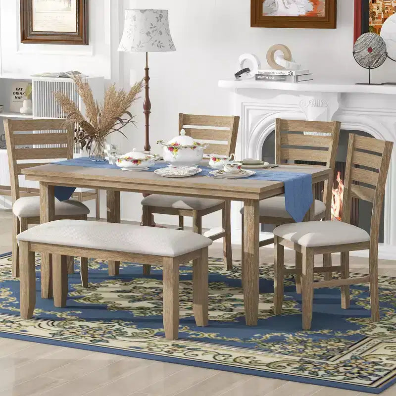 Set da Pranzo da Cucina in Stile Fattoria per 6 Persone, Tavolo Rettangolare in Legno e 4 Sedie Imbottite e Panca
