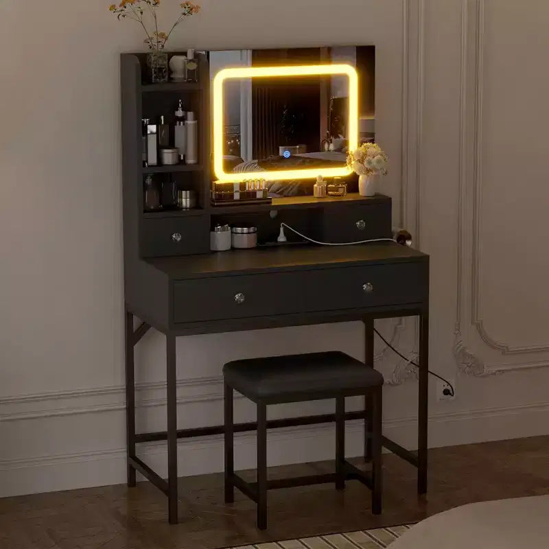 Toeletta con specchio e luci e sgabello, toeletta per il trucco con stazione di ricarica, cassetti, ripiani per la camera da letto