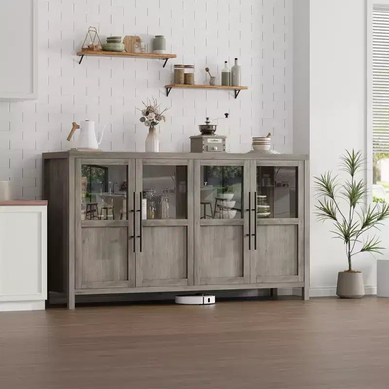 Credenza Modern Farmhouse - Madia con ante in vetro e spazio contenitore per sala da pranzo e soggiorno