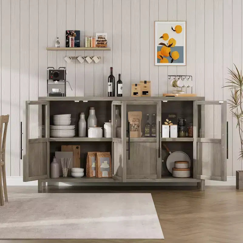 Credenza Modern Farmhouse - Madia con ante in vetro e spazio contenitore per sala da pranzo e soggiorno