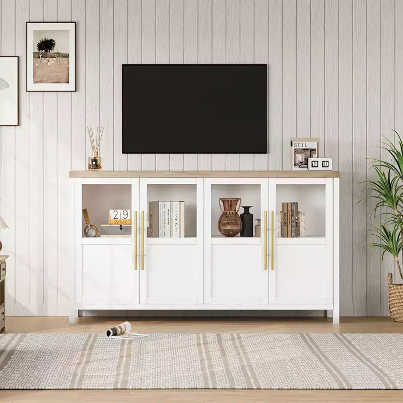 Credenza Modern Farmhouse - Madia con ante in vetro e spazio contenitore per sala da pranzo e soggiorno