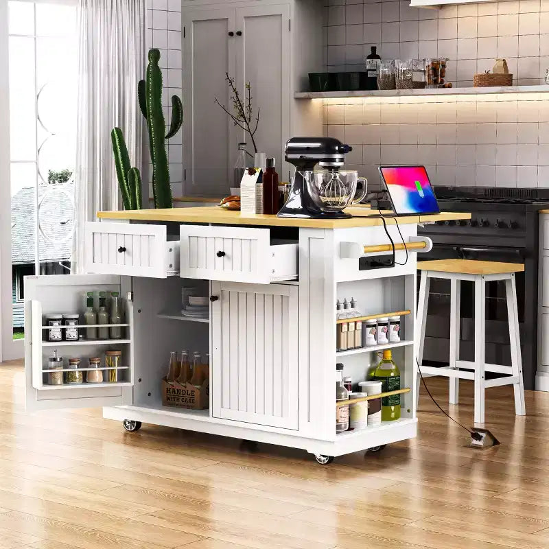 MAYEERTY Kitchen Island with Drop Leaf Power Outlet 5 Wheels 5 Open Side Racks for Kitchen White