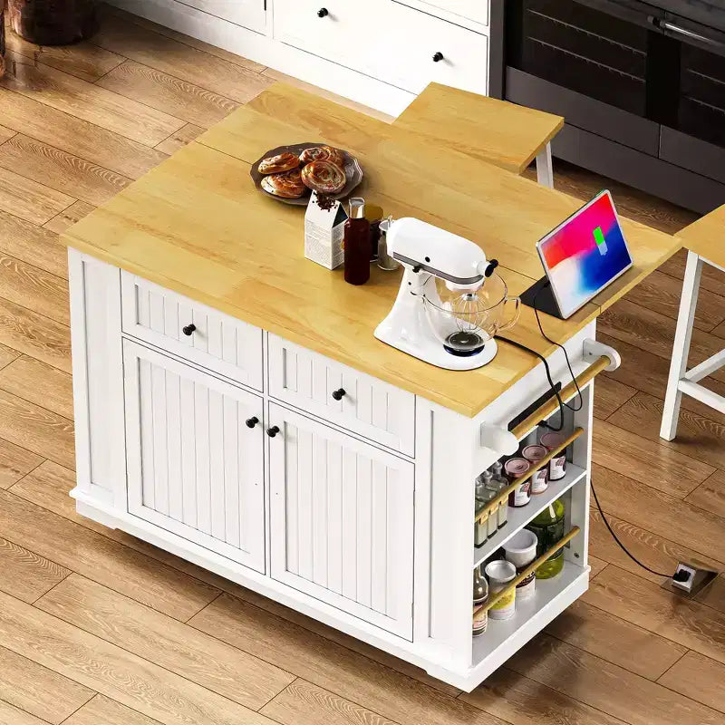 MAYEERTY Isola per Cucina con Anta a Ribalta Presa di Corrente 5 Ruote 5 Ripiani Laterali Aperti per Cucina Bianco