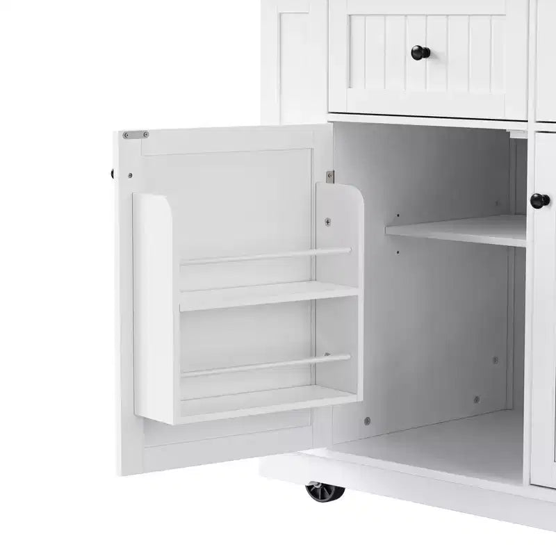 MAYEERTY Isola per Cucina con Anta a Ribalta Presa di Corrente 5 Ruote 5 Ripiani Laterali Aperti per Cucina Bianco