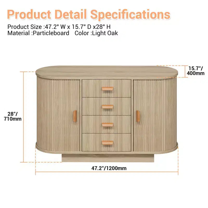 Madia Credenza a Buffet da 47" con Contenitori, Mobiletto Bar a Scanalature con 4 Cassetti e 2 Ante Scorrevoli Ad Arco, Tavolo Moderno in Legno per Buffet e Contenitori