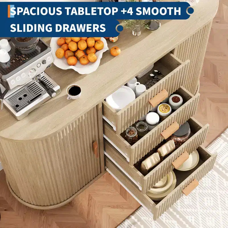 Madia Credenza a Buffet da 47" con Contenitori, Mobiletto Bar a Scanalature con 4 Cassetti e 2 Ante Scorrevoli Ad Arco, Tavolo Moderno in Legno per Buffet e Contenitori