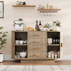 Madia Credenza a Buffet da 47" con Contenitori, Mobiletto Bar a Scanalature con 4 Cassetti e 2 Ante Scorrevoli Ad Arco, Tavolo Moderno in Legno per Buffet e Contenitori